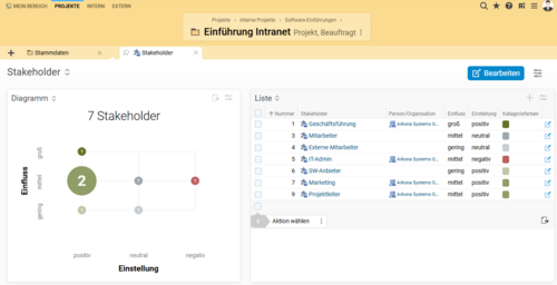 Die BCS Stakeholder- und Umfeldanalyse visualisiert Beziehungen, Einfluss und Interessen von Stakeholdern innerhalb komplexer Projektstrukturen. Screenshot der BCS Stakeholder- und Umfeldanalyse mit visualisierten Beziehungen und Einflussstrukturen im Projektumfeld.