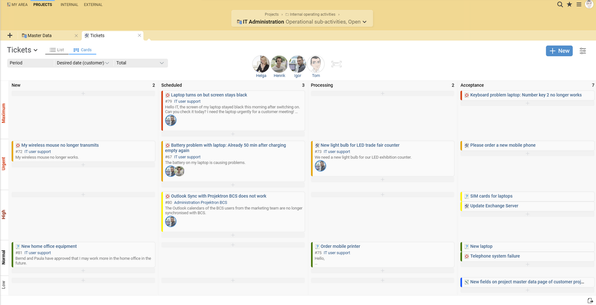 Projektron BCS as Kanban software: tickets with different priorities and processing statuses.