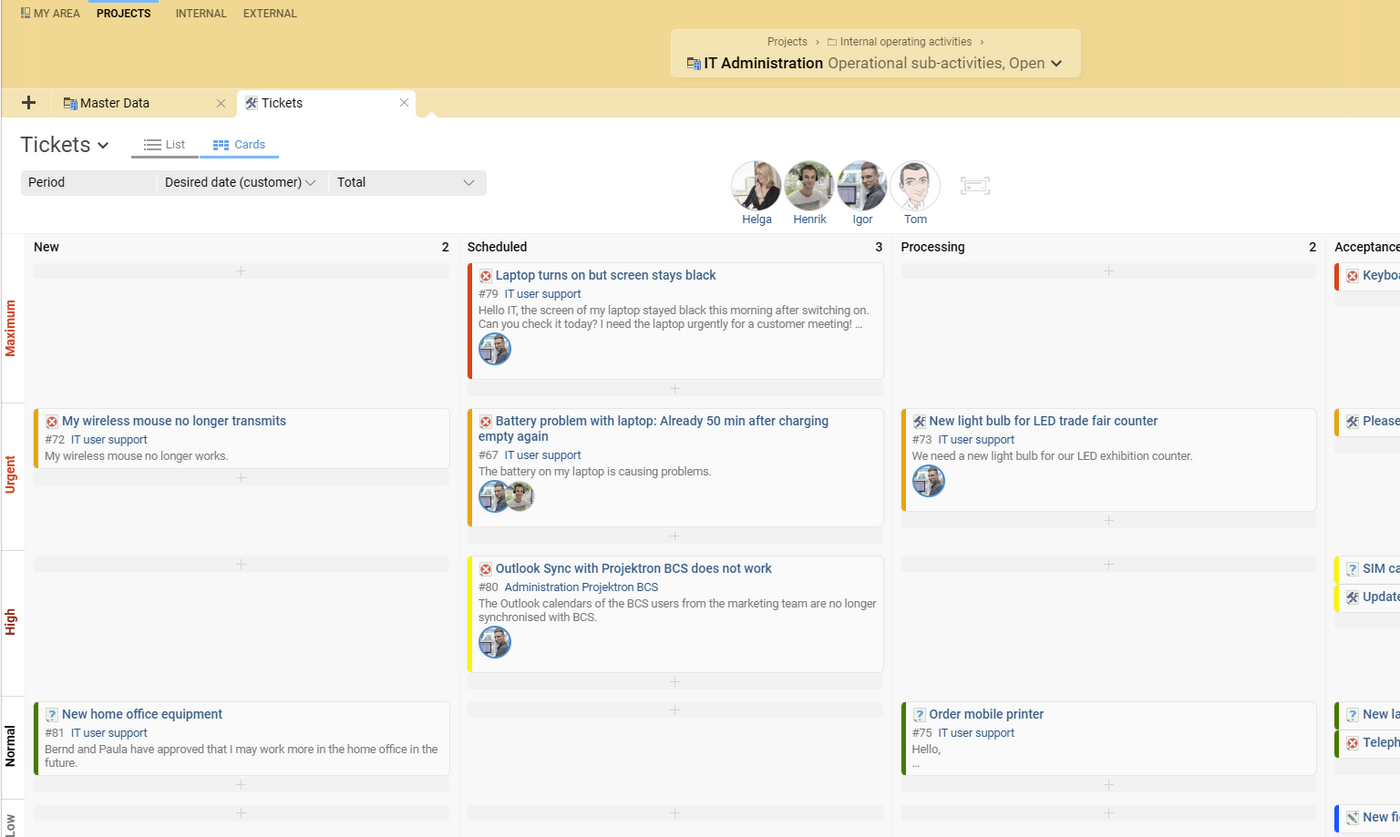 Projektron BCS as Kanban software: tickets with different priorities and processing statuses.