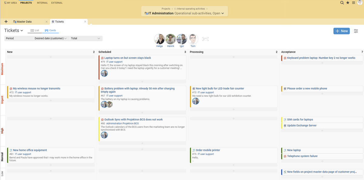 Projektron BCS as Kanban software: tickets with different priorities and processing statuses.