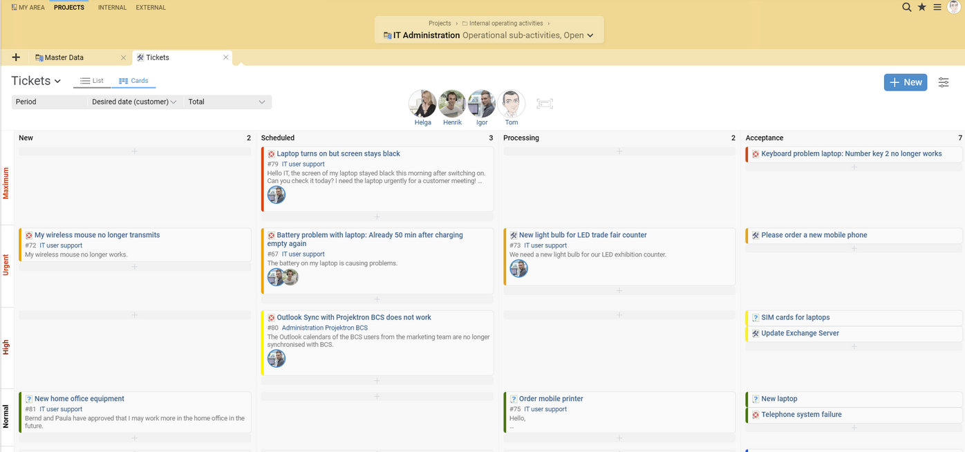 Define the processing steps and priority levels of your Kanban boards yourself in Projektron BCS. Projektron BCS as Kanban software: tickets with different priorities and processing statuses.