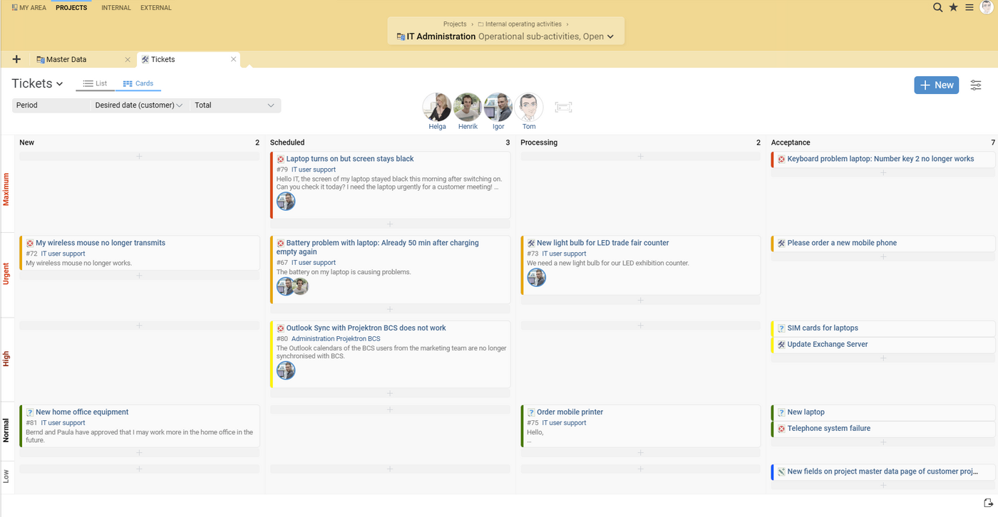 Projektron BCS as Kanban software: tickets with different priorities and processing statuses.