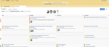 Projektron BCS as Kanban software: tickets with different priorities and processing statuses.