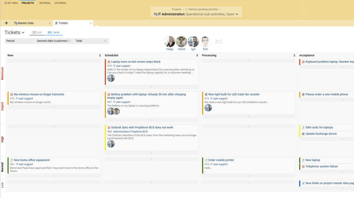 Projektron BCS as Kanban software: tickets with different priorities and processing statuses.