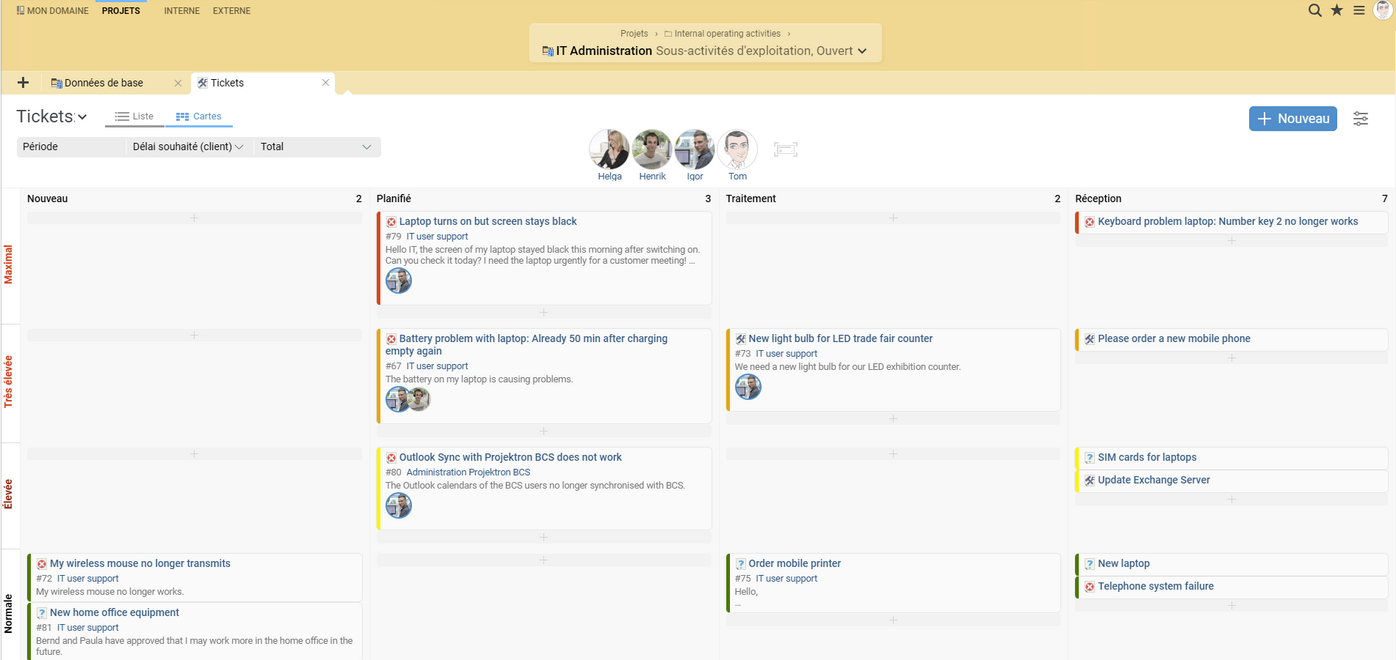 Définissez vous-même les étapes de traitement et les niveaux de priorité de vos tableaux Kanban dans BCS. BCS comme logiciel Kanban : tickets de différentes priorités et avec différents niveaux de traitement.