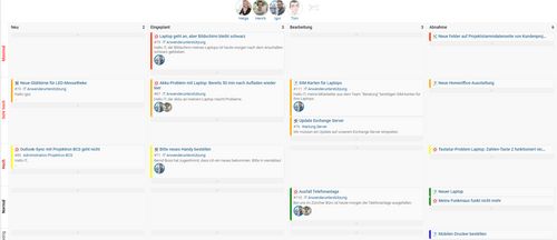 Projektron BCS als Kanban Software: Tickets verschiedener Priorisierung und mit unterschiedlichen Bearbeitungsständen.