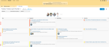 Projektron BCS als Kanban Software: Tickets verschiedener Priorisierung und mit unterschiedlichen Bearbeitungsständen.
