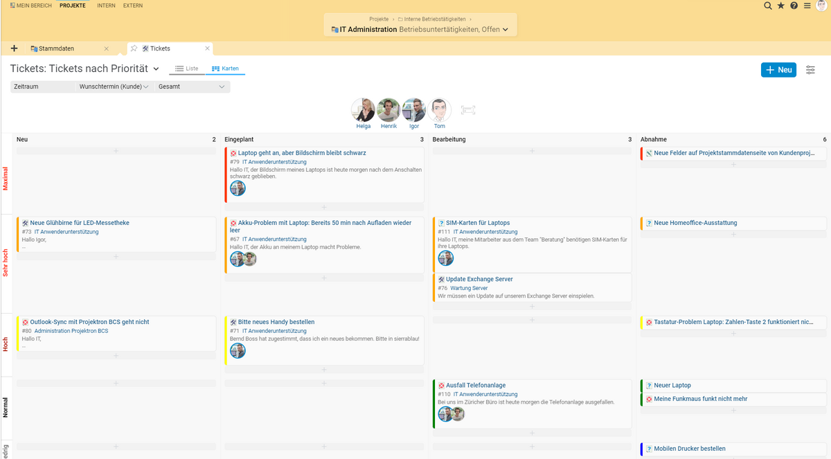 Projektron BCS als Kanban Software: Tickets verschiedener Priorisierung und mit unterschiedlichen Bearbeitungsständen.