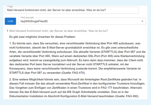 Screenshot einer Nutzerfrage, die mit Informationen aus zwei FAQ beantwortet wird, einschließlich der Quellenangabe am Ende des Textes.