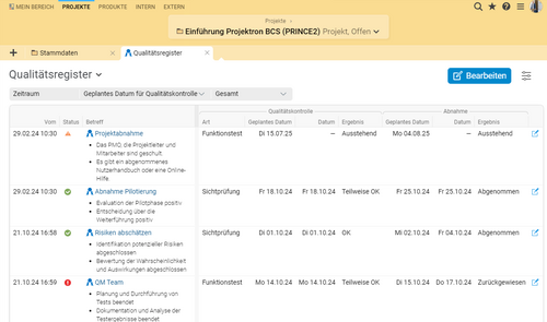 PRINCE2 Qualitätsregister in Projektron BCS