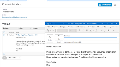 Projektron BCS ordnet E-Mails aus Outlook Personen und Projekten zu