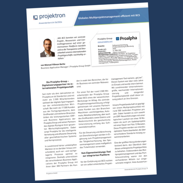 Globales Multiprojektmanagement mit BCS bei Proalpha Teaserbild zum Anwenderbericht der Proalpha Group über BCS im internationalen Multiprojektmanagement mit Fokus auf Projektplanung, Ressourcenmanagement, Zeiterfassung, Abrechnung, Controlling und Reporting.