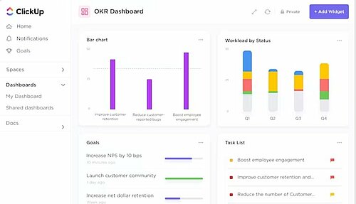 Screenshot of an OKR dashboard in ClickUp with visualisation of goals, progress, team tasks and status information.