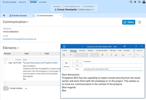 Projektron BCS attribue les e-mails d'Outlook aux personnes et aux projets.