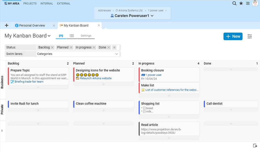 Personal Kanban board in Projektron BCS 24.2.