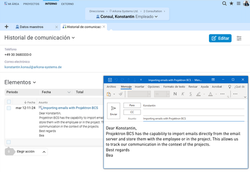 Projektron BCS asigna correos electrónicos de Outlook a personas y proyectos