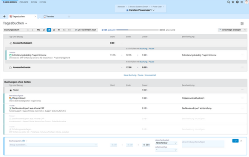 Effiziente Zeiterfassung leicht gemacht: Die Tagesbuchung in BCS ermöglicht eine einfache und projektbezogene Zeiterfassung – individuell und übersichtlich. Tagesbuchung in BCS mit projekt- und tätigkeitsbezogener Zeiterfassung in einer übersichtlichen Ansicht