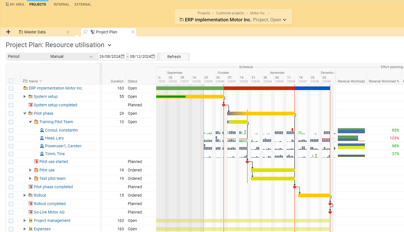 Project plan with resource utilization in BCS