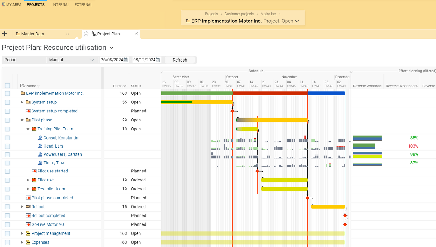 Project plan with resource utilization in BCS