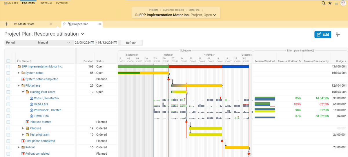 Project plan with resource utilization in BCS