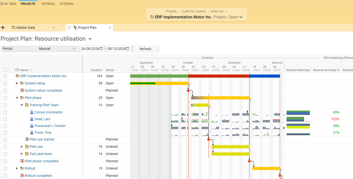 Project plan with resource utilization in BCS