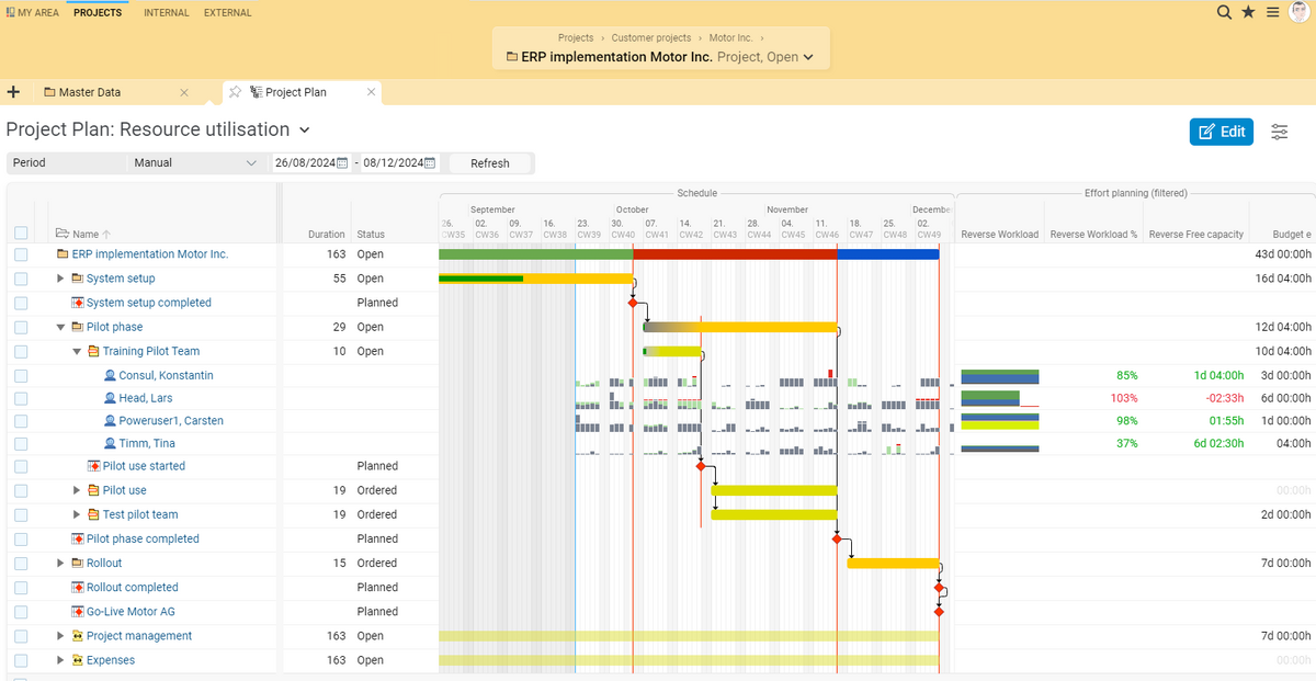 Project plan with resource utilization in BCS