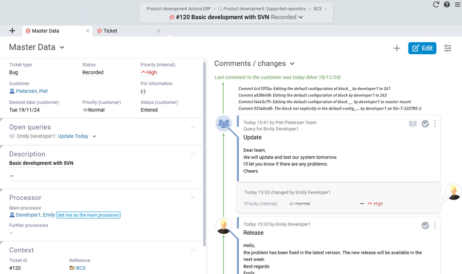 Screenshot of the GitLab interface in Projektron BCS with display of commits in a ticket