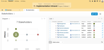 The BCS Stakeholder and Environment Analysis visualizes the relationships, influence, and interests of stakeholders within complex project structures. Screenshot of the BCS stakeholder and environment analysis showing visualized relationships and influence structures within the project environment.