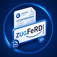 Das ZUGFeRD-Format kombiniert eine lesbare PDF-Rechnung mit eingebetteten XML-Daten und unterstützt so effiziente, digitale Rechnungsprozesse. Symbolische Darstellung einer ZUGFeRD-Rechnung als PDF/A-3-Dokument mit eingebetteten XML-Daten für die elektronische Rechnungsverarbeitung.