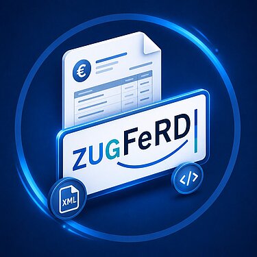 ZUGFeRD verbindet PDF-Belegbild und strukturierte Rechnungsdaten Symbolische Darstellung einer ZUGFeRD-Rechnung als PDF/A-3-Dokument mit eingebetteten XML-Daten für die elektronische Rechnungsverarbeitung.