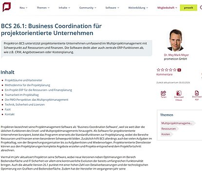 Softwarebesprechung BCS 26.1 im projektmagazin Screenshot eines Fachartikels im projektmagazin zur Softwarebesprechung BCS 26.1 mit Fokus auf Multiprojektmanagement, Ressourcen und Finanzen