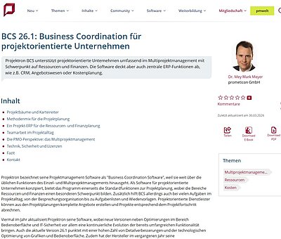 Screenshot der Softwarebesprechung „BCS 26.1: Business Coordination für projektorientierte Unternehmen“ im projektmagazin (Quelle: projektmagazin.de, abgerufen am 30.03.2026) Screenshot der Softwarebesprechung „BCS 26.1: Business Coordination für projektorientierte Unternehmen“ im projektmagazin (Quelle: projektmagazin.de, abgerufen am 30.03.2026)