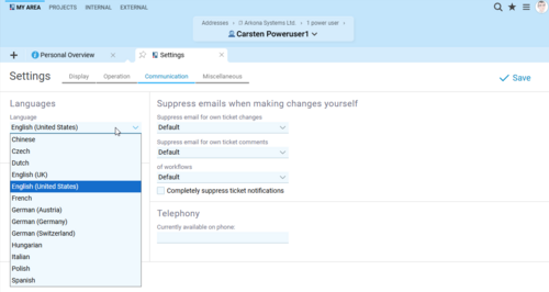 The multilingual user interface of BCS enables international teams to work together seamlessly – in ten different language versions, individually selectable for each user. Screenshot of the language selection in BCS with a selection of ten language versions.