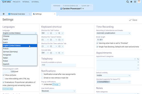 Screenshot of the language selection in Projektron BCS with a selection of ten language versions.