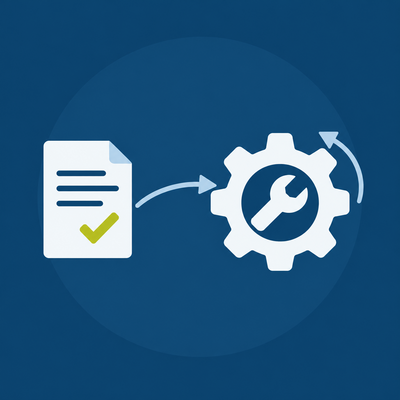 Illustration of the transition from a completed project to ongoing support: An arrow leads from a document with a check mark to a gear with a wrench. Illustration of the transition from a completed project to ongoing support: An arrow leads from a document with a check mark to a gear with a wrench.