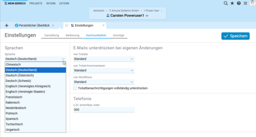 Die mehrsprachige Benutzeroberfläche von BCS ermöglicht internationalen Teams eine reibungslose Zusammenarbeit – in zehn verschiedenen Sprachversionen, individuell wählbar für jeden Benutzer. Screenshot der Sprachauswahl in BCS mit einer Auswahl von zehn Sprachversionen.