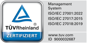 TÜV Rheinland certification seal for Projektron GmbH’s ISO/IEC 27001:2022 certification with additional controls in accordance with ISO/IEC 27017 and ISO/IEC 27018. TÜV Rheinland seal for Projektron GmbH’s ISO/IEC 27001:2022 certification