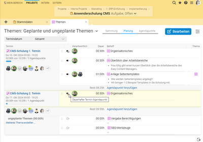 Ansicht der Agenda-Planung in Projektron BCS mit Terminen, die Terminserien zugeordnet wurden.