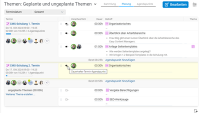 Ansicht der Agenda-Planung in Projektron BCS mit Terminen, die Terminserien zugeordnet wurden.