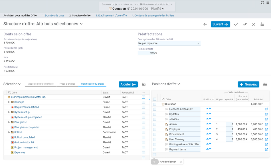 Ajout simple : Éléments de structure issus de votre planification comme positions d'offre