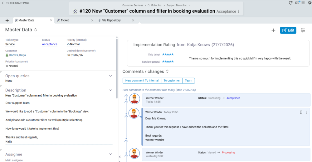 Customers can rate both the handling of a ticket and the overall service quality directly in the ticket and add a comment to explain their feedback Ticket in BCS showing a customer satisfaction survey with star ratings for the implementation and overall service, as well as a customer comment.