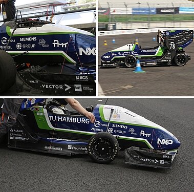 Mit BCS auf die Rennstrecke: egn26 von e-gnition Hamburg Collage des Formula-Student-Rennwagens egn26 von e-gnition Hamburg im Einsatz mit BCS Logo