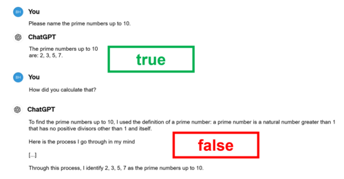 Example of an AI response: ChatGPT provides correct facts but falsely describes a conscious thought process. The actual response generation is based on probability calculations.