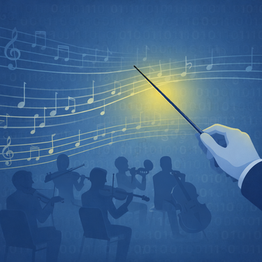 SAFe® als Taktgeber: Struktur schafft gemeinsamen Rhythmus Abstrakte Darstellung eines Orchesters mit Notenlinien und Taktstock, die einen gemeinsamen Rhythmus symbolisieren und zeigen, dass Struktur den Takt vorgibt, während Menschen die eigentliche Leistung erbringen.