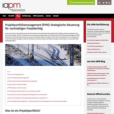 Projektportfoliomanagement – Strategische Steuerung für nachhaltigen Projekterfolg Screenshot des Fachartikels „Project Portfolio Management (PPM): Strategic Control for Sustainable Project Success“ auf der Website der IAPM. Der Artikel von Kai Aeneas Sulkowski (Projektron GmbH) erläutert, wie Unternehmen mit strategischem Projektportfoliomanagement ihre Projekte priorisieren, Ressourcen effizient einsetzen und langfristig den Unternehmenserfolg sichern können.