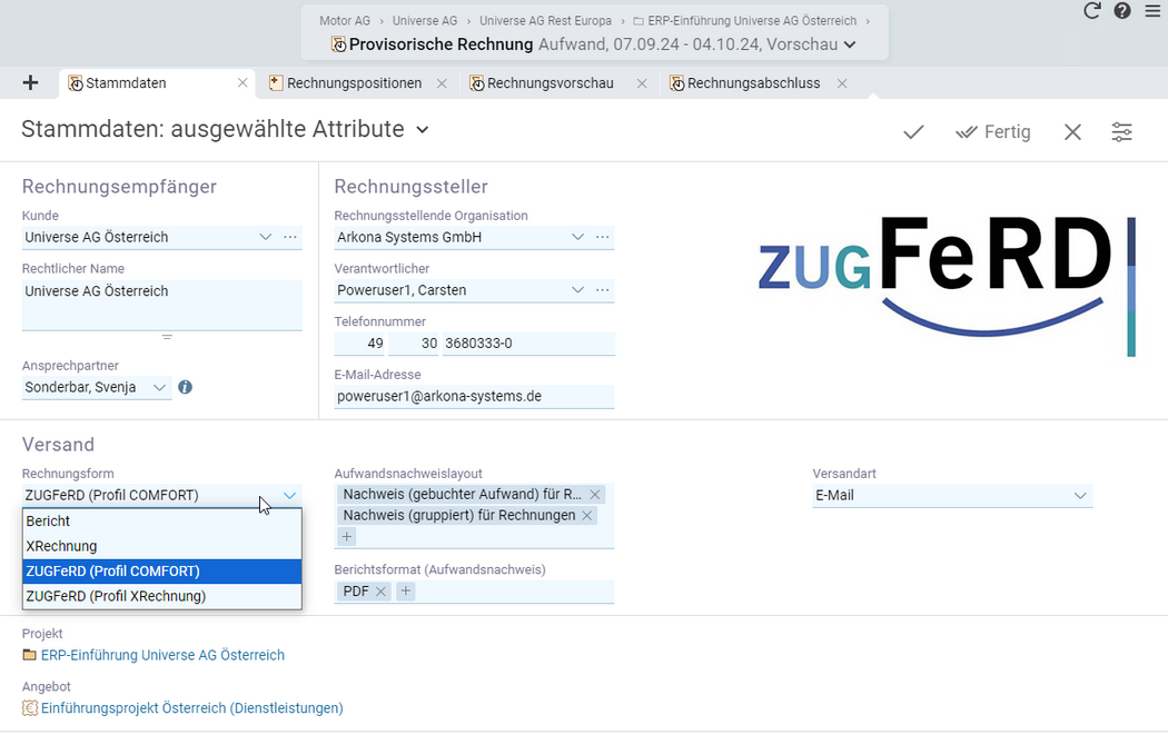 ZUGFeRD Format für E-Rechnungen in Projektron BCS