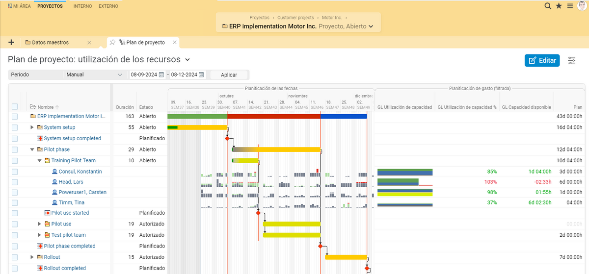 Plan de proyecto con utilización de recursos en BCS