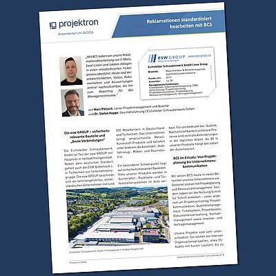 The case study shows how Eichsfelder Schraubenwerk GmbH used BCS to transform complaint management from scattered emails, Excel lists and local storage into a standardized ticket process. The case study shows how Eichsfelder Schraubenwerk GmbH used BCS to transform complaint management from scattered emails, Excel lists and local storage into a standardized ticket process.