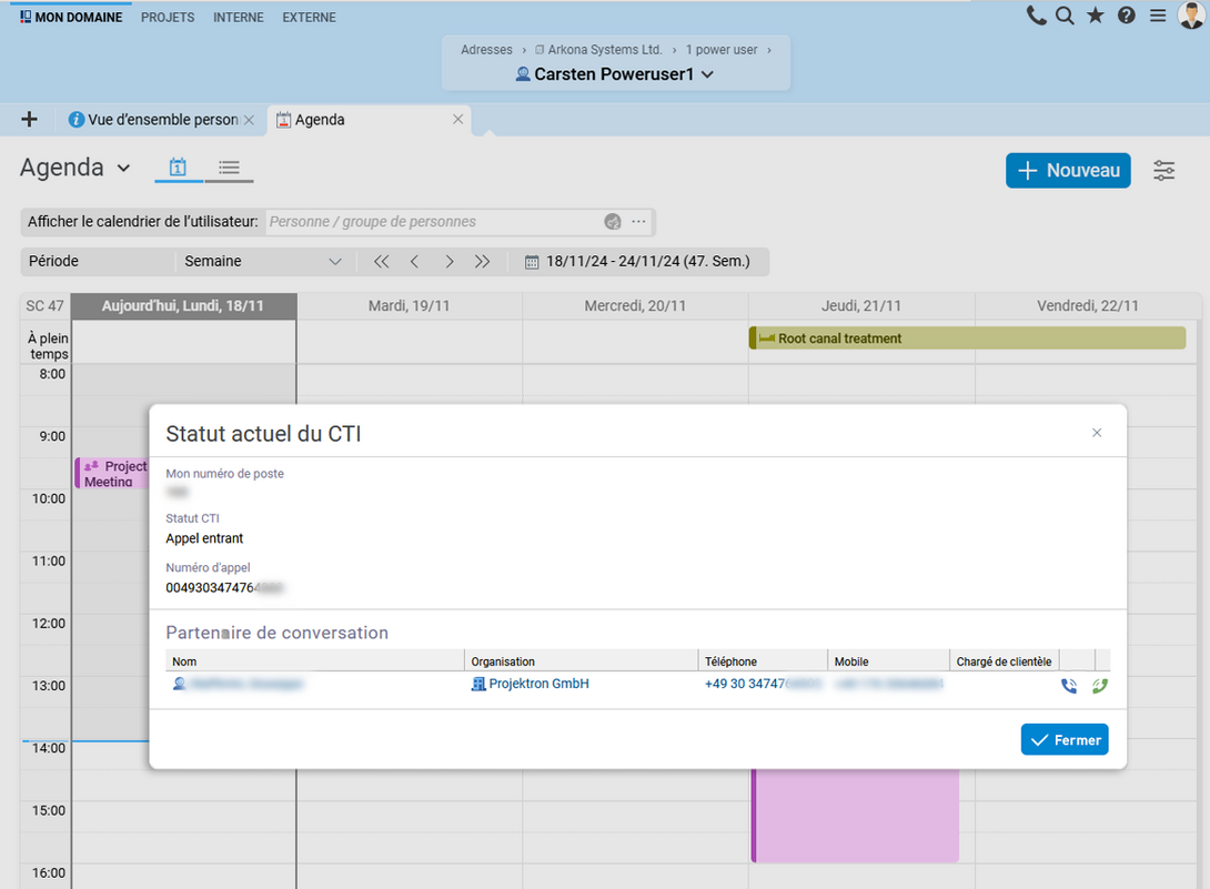 Capture d'écran de l'interface CTI Projektron BCS