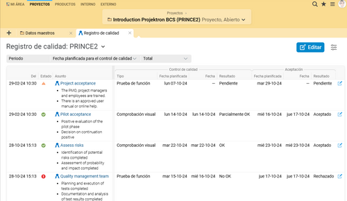 Registro de calidad PRINCE2 en Projektron BCS